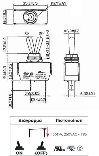 SCI Μικροδιακόπτης TOGGLE μονοπολικός 2P βραδύκαυστου πολυμερούς ON-(OFF) 250V 16A Ασημί