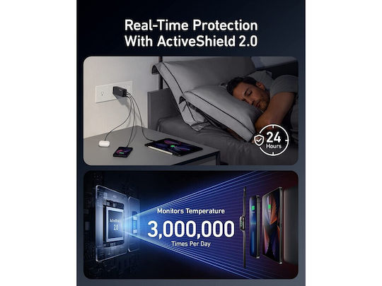 Anker Încărcător Fără Cablu GaN cu Port USB-A și 2 Porturi USB-C 120W Livrarea energiei Negruς (737 GaN III Prime)