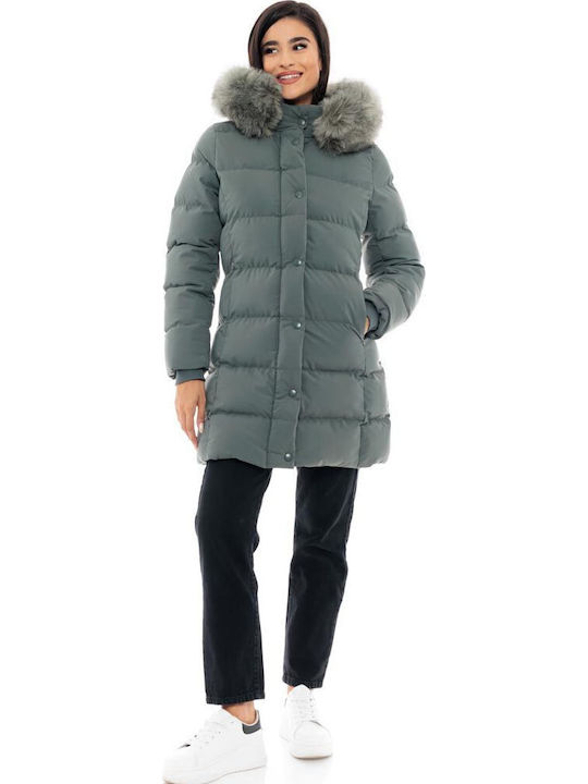 Women's Long Puffer Jacket for Winter with Detachable Hood Green