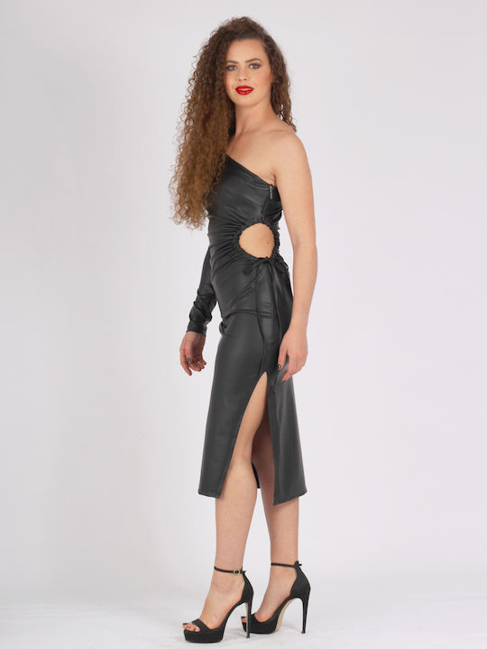 Midi dress, with one shoulder leatherette