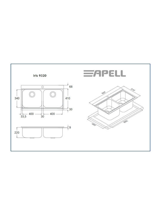 Apell Iris 9320 9320-110401 Drop-In Sink Satin W89.7xD51cm Black Glass