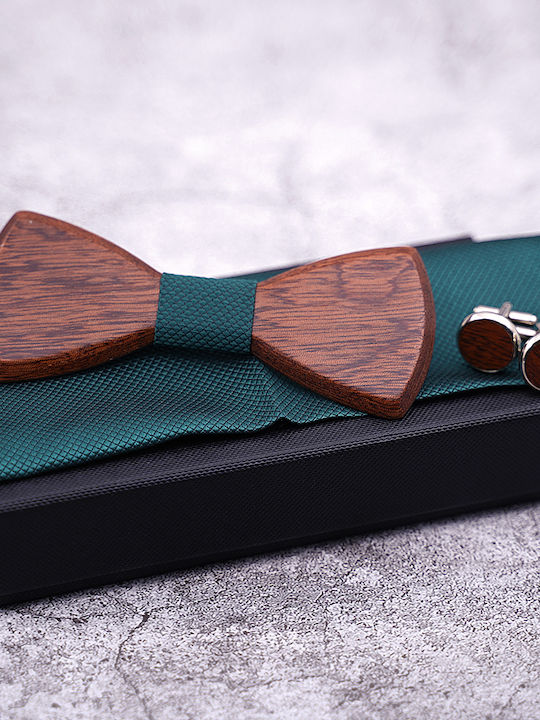 Legend Accessories Wooden Bow Tie Set with Cufflinks and Pochette Green