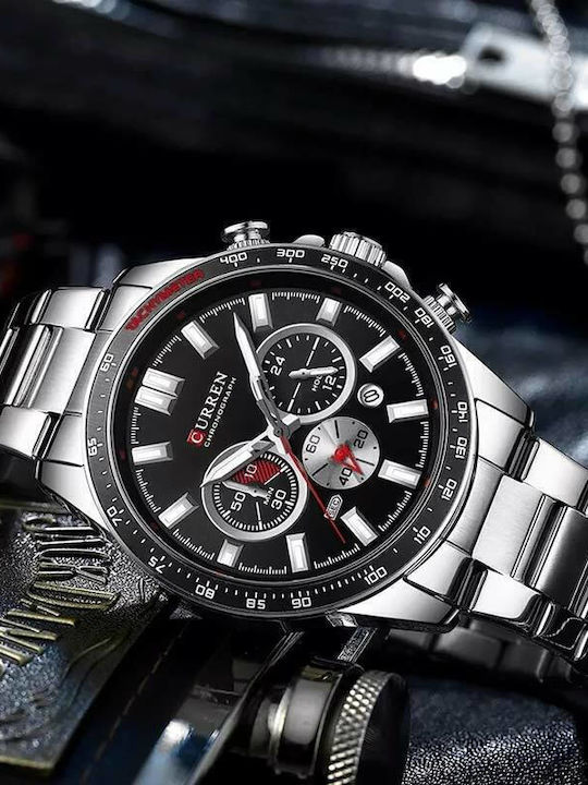 Curren Herrenuhr 45mm Chronograph Batterie mit Silber Metallarmband