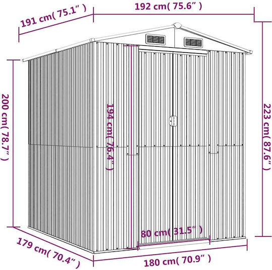 Metallische Gartenhaus Galvanisiert Grüne mit Lüftungsschlitzen M1.92xB1.91xH2.23m