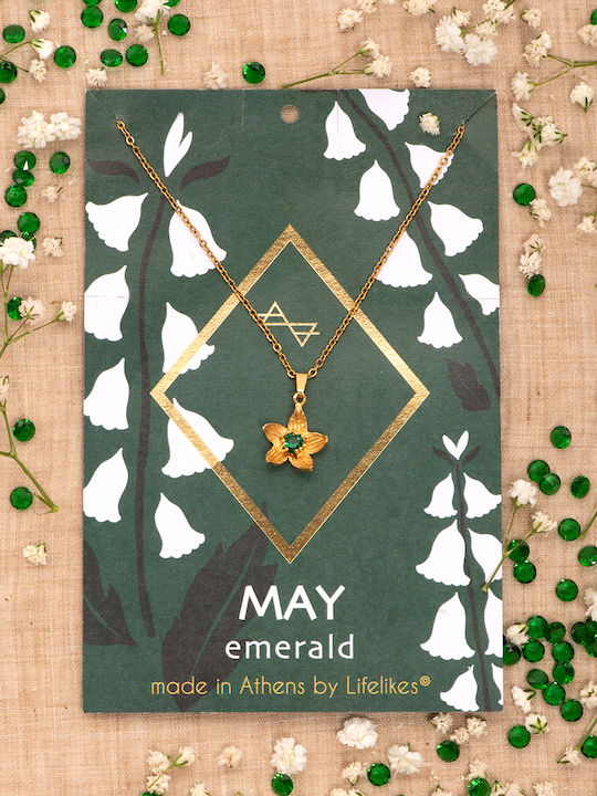LifeLikes Birthstone May Necklace with Flower Design Gold Plated Green