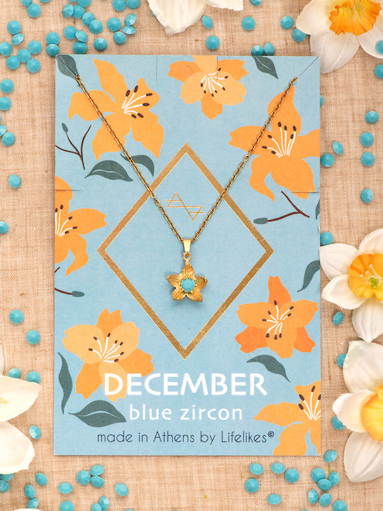 LifeLikes Birthstone December Necklace with Flower Design Gold Plated with Zircon Blue