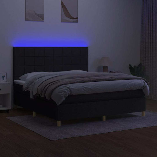 Bed Queen Upholstered with Fabric Black with Slats & Mattress 160x200cm