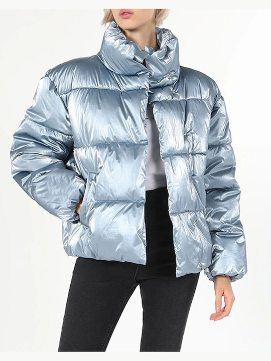 Κοντό Γυναικείο Puffer Μπουφάν για Χειμώνα Sky Blue