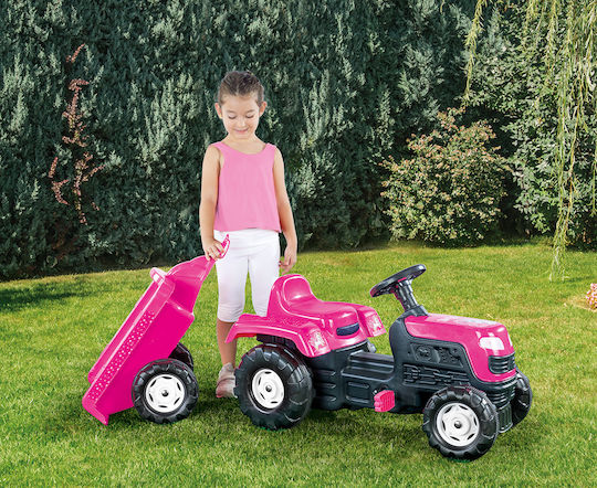 Tractor pentru copii Unicorn De la picior la podea cu caruta si pedala Roz