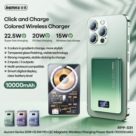 Remax RPP-531 MagSafe Power Bank 10000mAh 22.5W mit USB-A Ausgangsanschlüsse und USB-C Ausgangsanschlüsse Lila