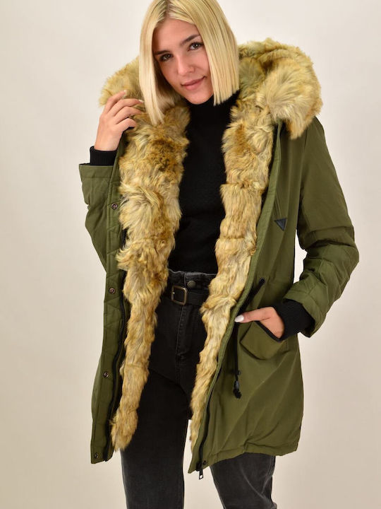 Lang Damen Parka Jacke mit pelziger Kapuze für Winter Khaki