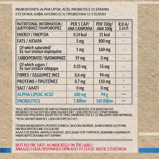 Bio Tonics Alpha Lipoic Acid 600mg Special Food Supplement 60 Vegetable Capsules
