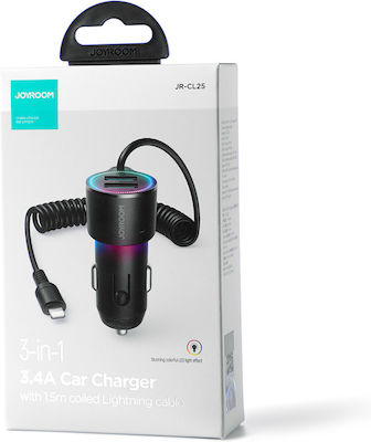 Joyroom Car Charger Black with Ports: 2xUSB with Cable Lightning