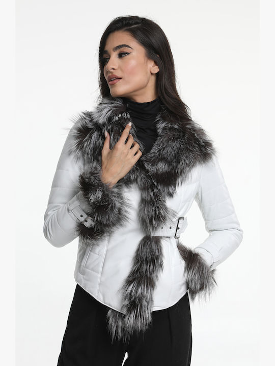 Jachetă de piele pentru femei de culoare albă cu căptușeală și Silver Fox CODE: JANE