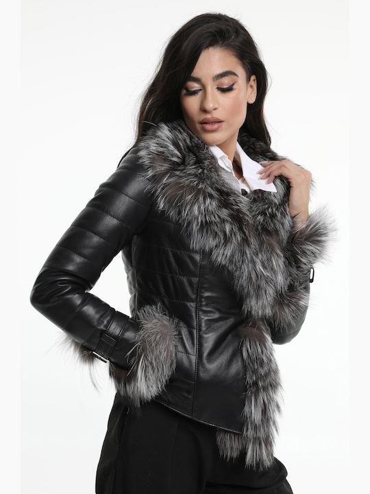 Women's leather jacket black with lining and Silver Fox CODE: JANE