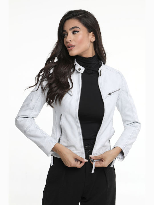 Jachetă din piele pentru femei de culoare albă sport/ casual cu glugă detașabilă CODE: JOANNA