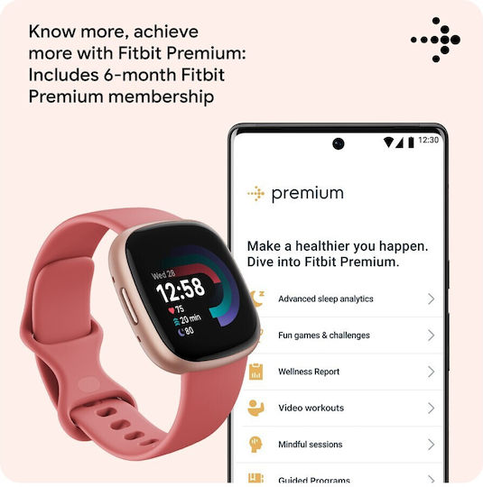 Fitbit Versa 4 Aluminium 41mm Waterproof Smartwatch with Heart Rate Monitor (Pink Sand/Copper Rose)