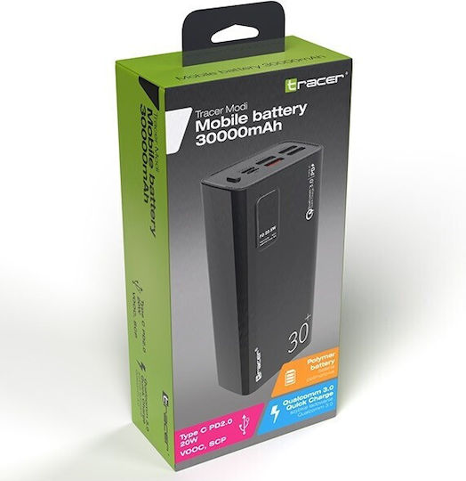 Tracer Power Bank 30000mAh 22.5W με Θύρα USB-A και Θύρα USB-C Power Delivery / Quick Charge 3.0 Μαύρο