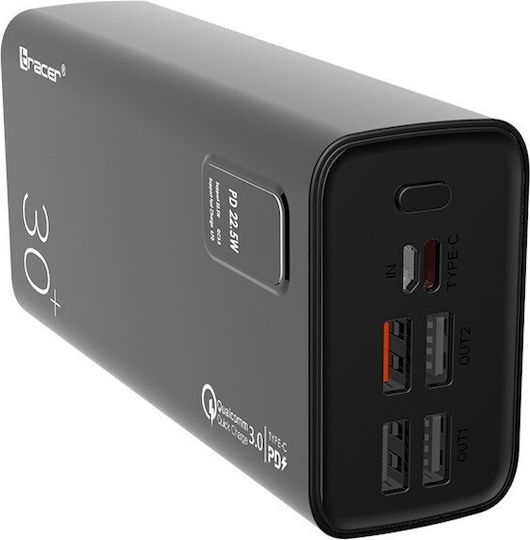 Tracer Power Bank 30000mAh 22.5W με Θύρα USB-A και Θύρα USB-C Power Delivery / Quick Charge 3.0 Μαύρο