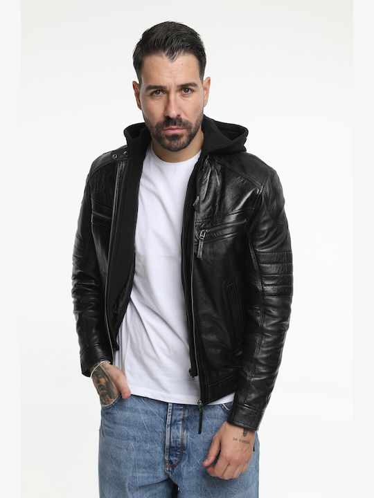 Men's black leather jacket with detachable hood CODE:9090