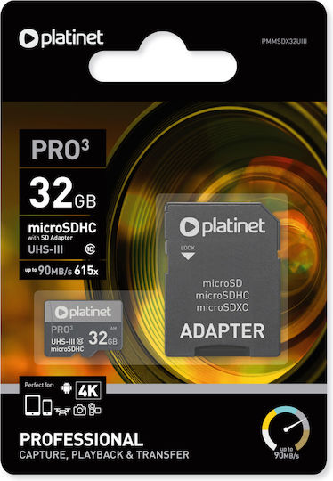 Platinet microSDHC 32GB V30 UHS-III 90MB/s με αντάπτορα