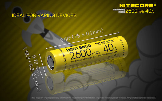 NiteCore IMR18650 Επαναφορτιζόμενη Μπαταρία 18650 Li-Mn 2600mAh 3.7V 1τμχ