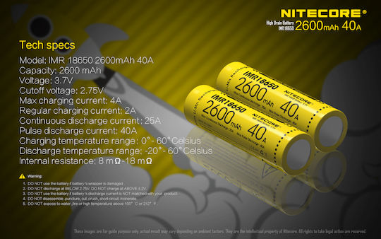 NiteCore IMR18650 Επαναφορτιζόμενη Μπαταρία 18650 Li-Mn 2600mAh 3.7V 1τμχ