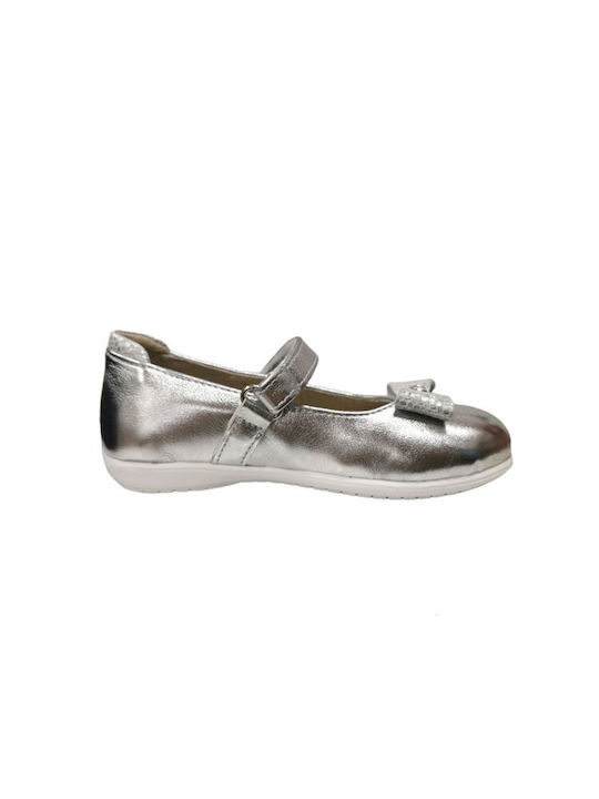 Scarpy Kids Leather Ballerinas with Hoop & Loop Closure Silver