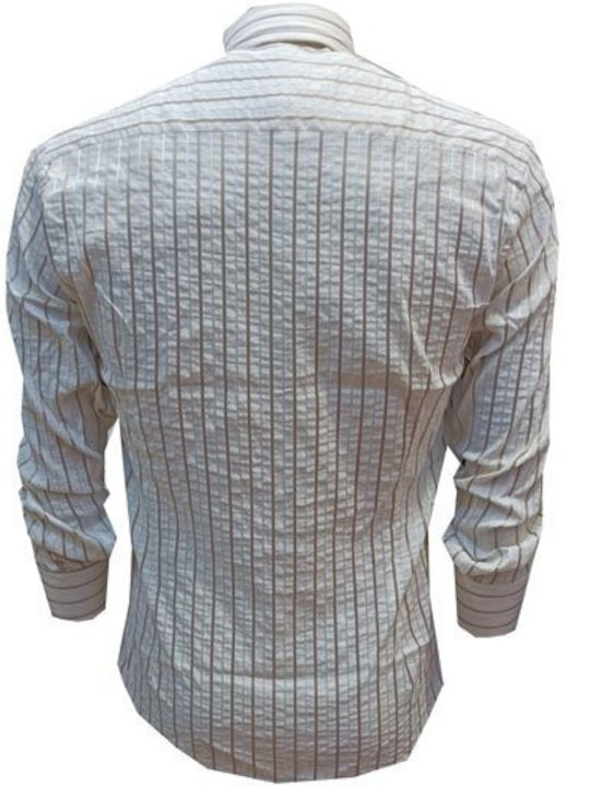 3B GROUPS Elastic shirt narrow fit white with stripes brown