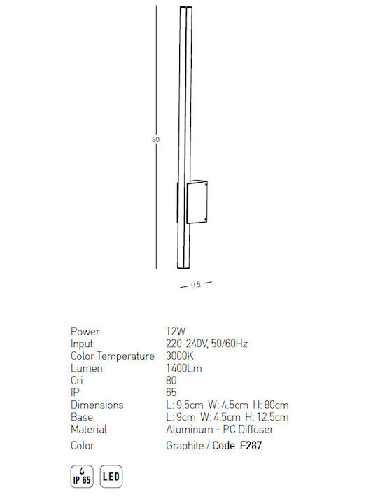 Zambelis Lights Wall-Mounted Linear LED Light IP65 12W with Warm White Light 9.5x4.5x80cm