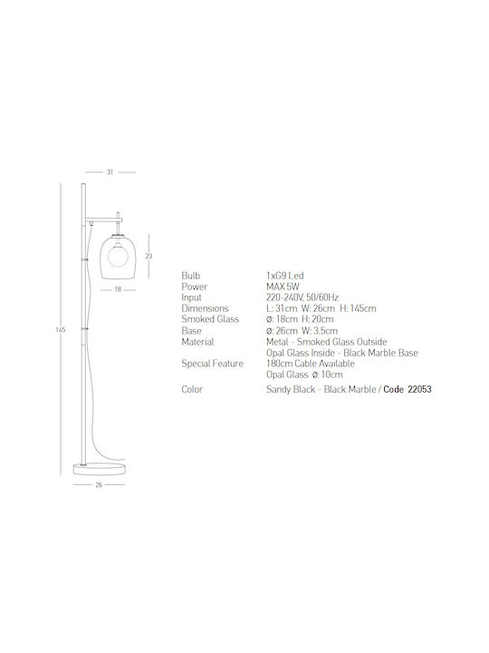 Zambelis Lights Floor Lamp H145xW31cm. with Socket for Bulb G9 Black