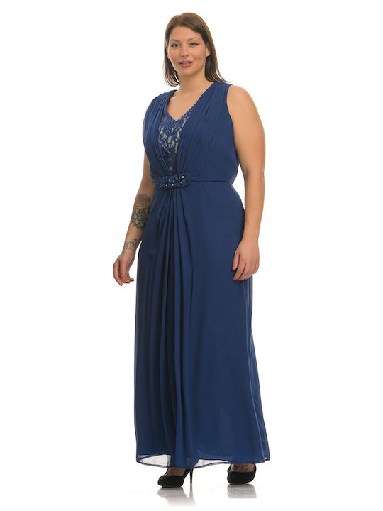 Blue long dress in A-line.