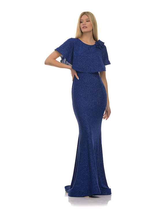 Rochie maxi în albastru regal, din material cristalizat lurex.