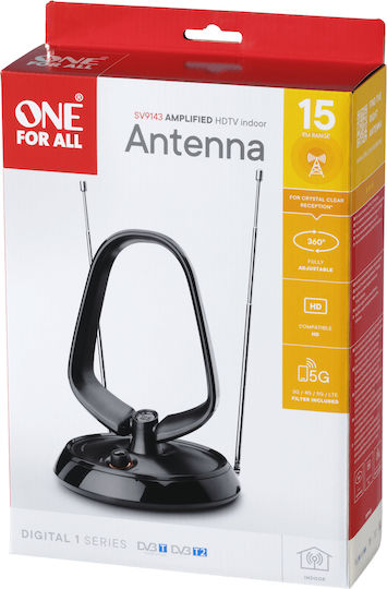 One For All SV9143-5G Εσωτερική Κεραία Τηλεόρασης (απαιτεί τροφοδοσία) σε Μαύρο Χρώμα Σύνδεση με Ομοαξονικό (Coaxial) Καλώδιο