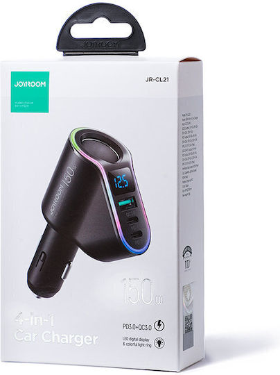 Joyroom JR-CL21 Φορτιστής Αυτοκινήτου 150W Γρήγορης Φόρτισης με Θύρες: 1xUSB 2xType-C 1xΑναπτήρα Μαύρο Χρώμα