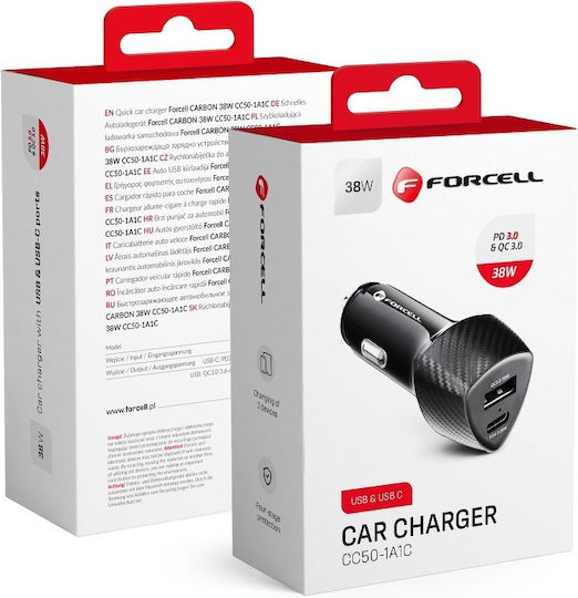 Forcell CC50-1A1C Auto-Ladegerät 18W 5A Schnellladen mit Anschlüssen: 1xUSB 1xType-C Schwarz Farbe