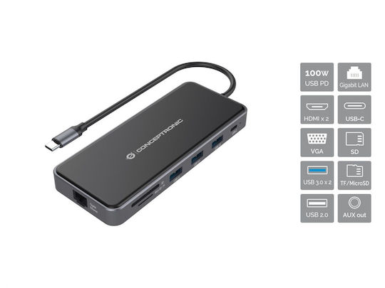 Conceptronic USB-C Docking Station with HDMI 4K PD Ethernet and Support for 2 Monitors Black (DONN15G)