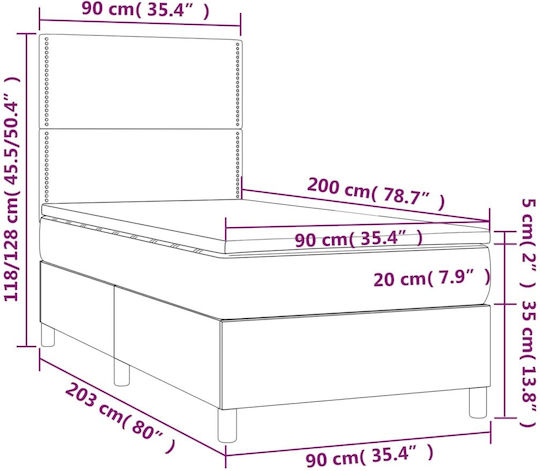 Bed Single Upholstered with Fabric Blue with Slats & Mattress 90x200cm