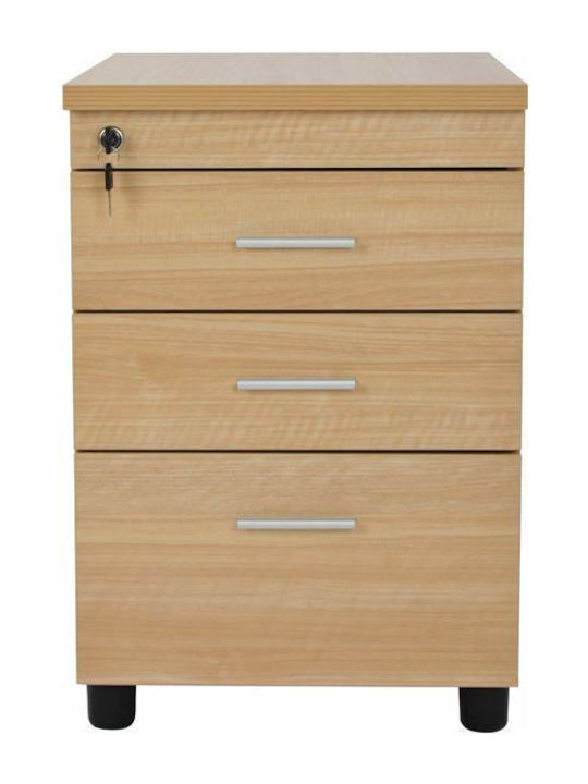 Office Storage Chipboard Drawer with Wheels, Lock & 3 Drawers Οξιά L40xW40xH55cm