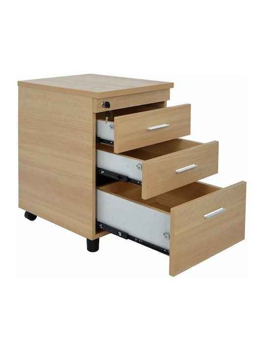 Office Storage Chipboard Drawer with Wheels, Lock & 3 Drawers Οξιά L40xW40xH55cm