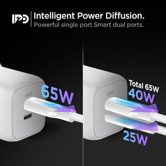 Spigen Încărcător Fără Cablu GaN cu 2 Porturi USB-C 65W Livrarea energiei Albς (PE2106EU)