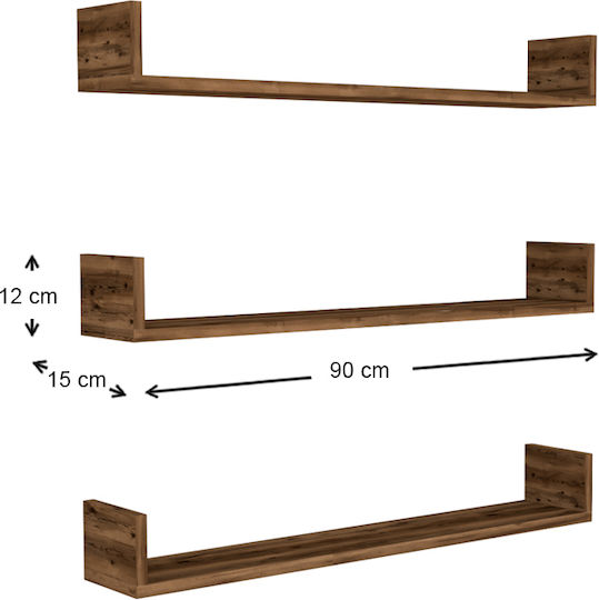Tyrion Brown Wall Shelves (3 Pieces) 90x15x12cm