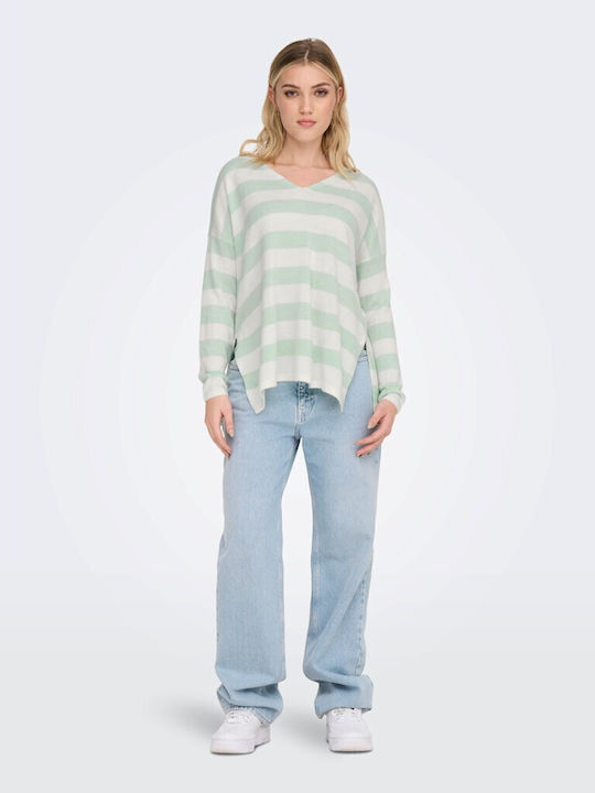 Only Women's Blouse Long Sleeve with V Neck Striped Mist Green Stripes