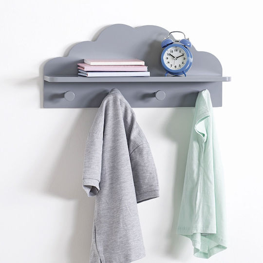 Atmosphera Cloud Kids Wall Hanger Multi Hook Wooden Gray with Shelf 48x12x22cm
