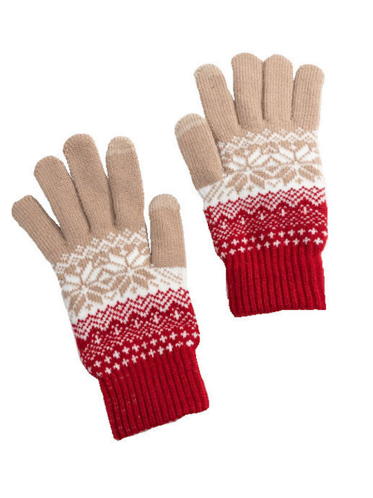 Strickhandschuhe rot-weiß-beige mit Schneeflocken-Motiv und Touch-Touch fürs Handy 21cm (tatu moyo)