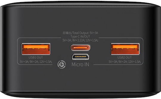 Baseus Bipow Overseas Edition Power Bank 30000mAh 20W με 2 Θύρες USB-A και Θύρα USB-C Μαύρο
