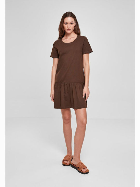 Καλοκαιρινό Mini T-shirt Φόρεμα με Βολάν Καφέ