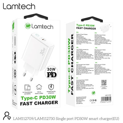 Lamtech Ladegerät ohne Kabel mit USB-C Anschluss 30W Stromlieferung Weißs (LAM112709)