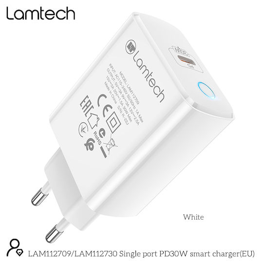 Lamtech Wireless Charger with USB-C Port 30W Power Delivery White (LAM112709)