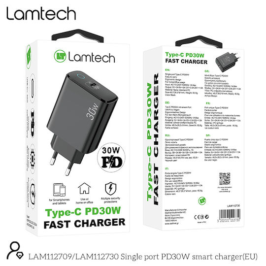 Lamtech Φορτιστής Χωρίς Καλώδιο με Θύρα USB-C 30W Power Delivery Μαύρος (LAM112730)